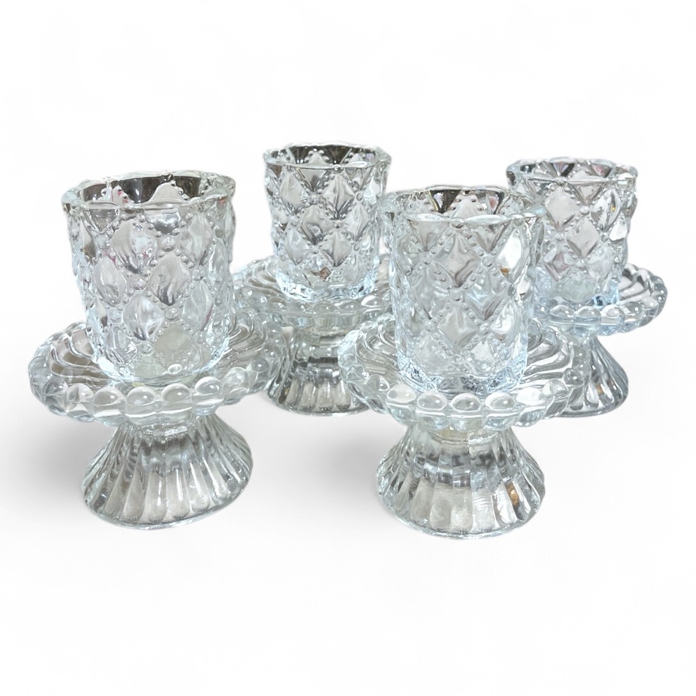 Set of 4 Retired Vintage PartyLite Quilted Pattern Crystal Candle Holders P9246